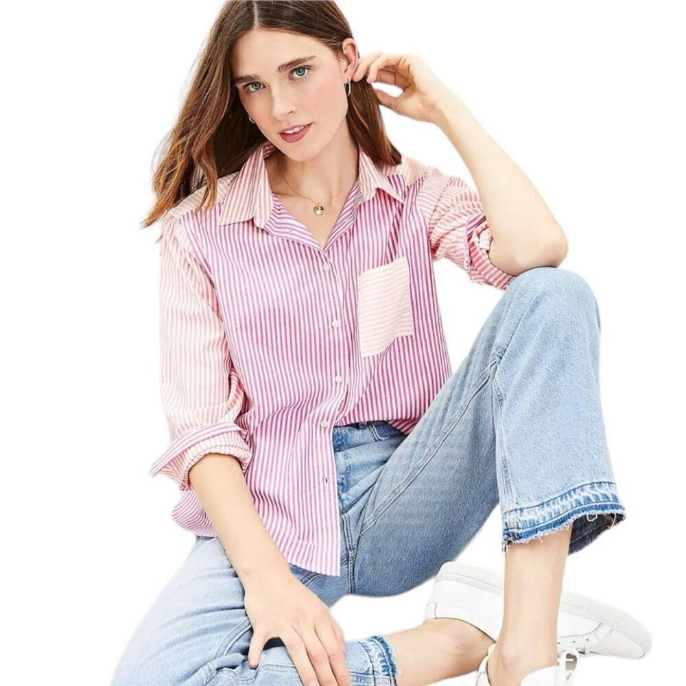 Loft Button-Down Colorful Striped Everyday Blouse Size Petite Medium Long Sleeve